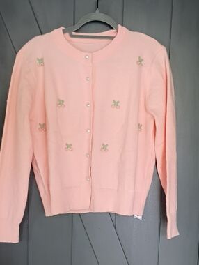 Embellished Light Pink Crewneck Cardigan Sweater